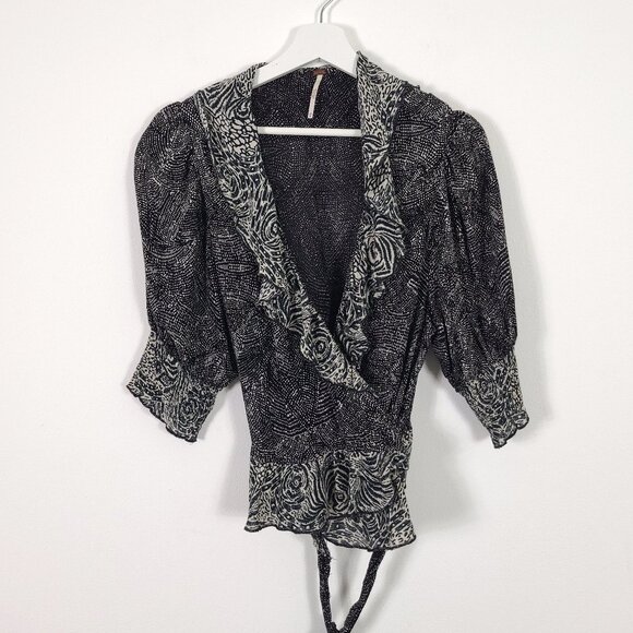 Free People Black & Cream Wrap Top - Picture 1 of 10